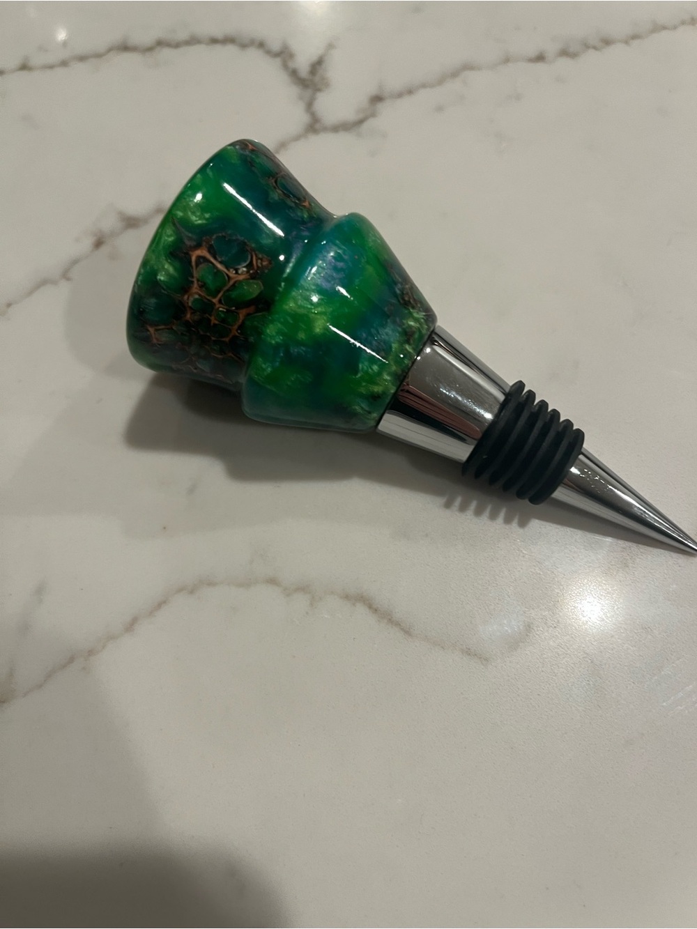 Handcrafted Green Resin Wine Bottle Stopper with Teal Accents